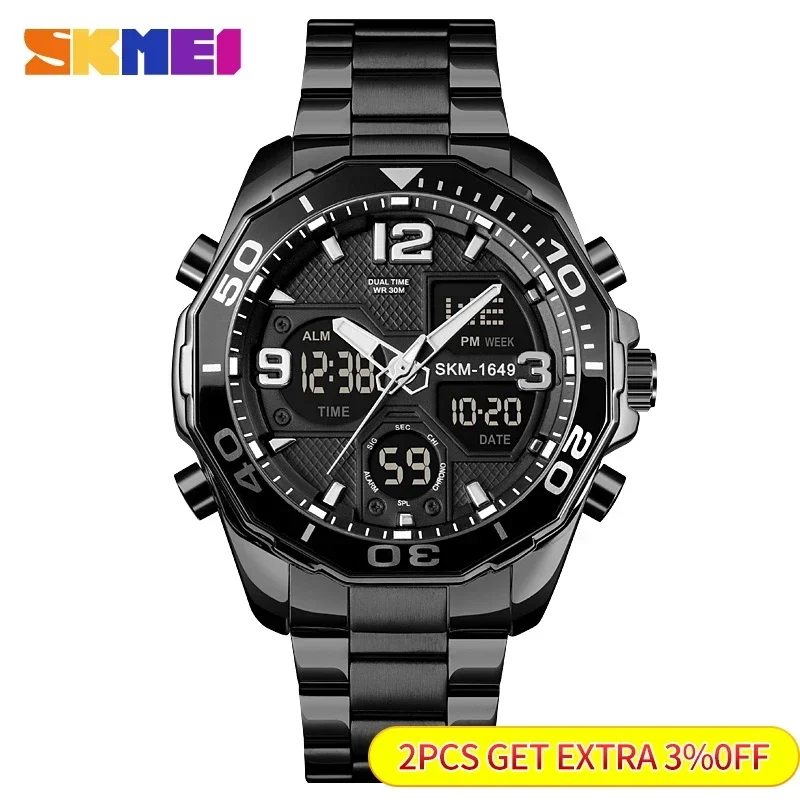 SKMEI-reloj de pulsera Digital para hombre, cronógrafo de cuarzo con anillo giratorio, alarma, doble movimiento, deportivo, 1649