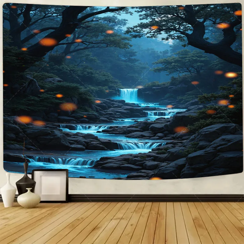 

1pc Wall Tapestry Enchanted Forest Waterfall Tapestry - Mystical Night Scene with Glowing Lights