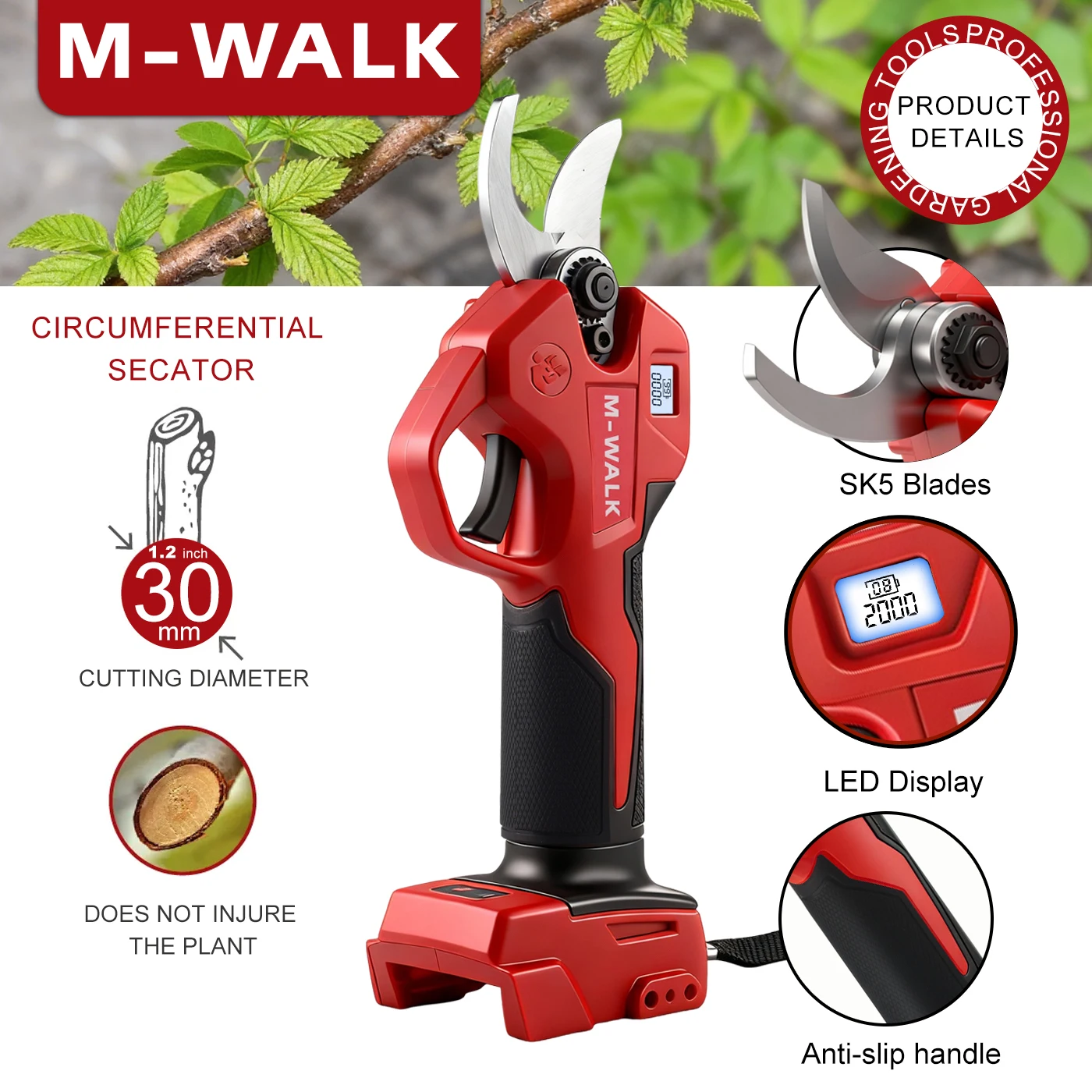 M-WALK 30mm Brushless Electric Pruning Shears Cordless Rechargeable Fruit Tree Bonsai Pruning Tool For 18V Battery