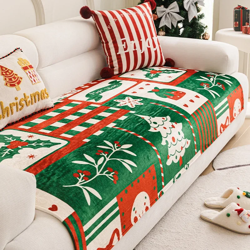 Winter Christmas Flannel Sofa Cover Anti-Slip All-Inclusive Universal Sofa Cover In One Straight Row Sofa Cushion Decor Home