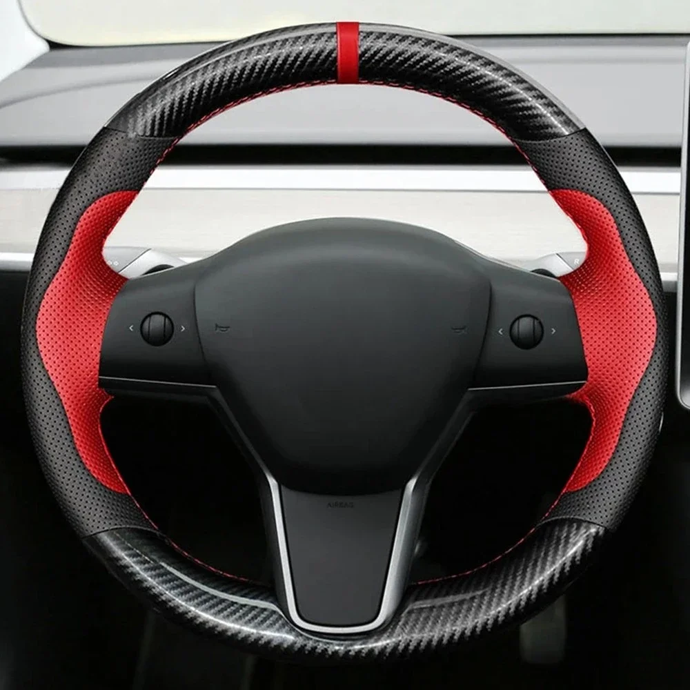 Image of Auto-Lenkradbezug, handgenäht, rutschfest, schwarz, echtes Leder, Kohlefaser-Geflecht, für Tesla Modell 3 2017 2018 2019–2021