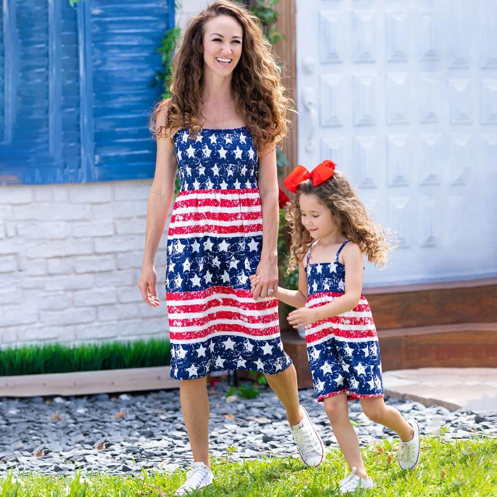 Independence Day mom and daughter matching clothes  star stripe dress summer family look Mommy and me matching family outfits