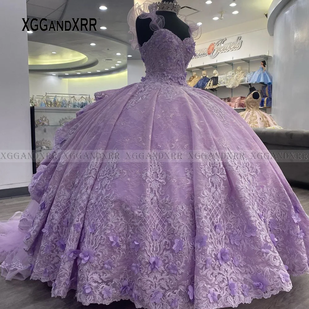 Lavender Quinceanera Dress 2022 Sweet 16 Ruffle Layers Train Birthday Prom Party Gown Lace Applique Flower Beaded Graduation 7th