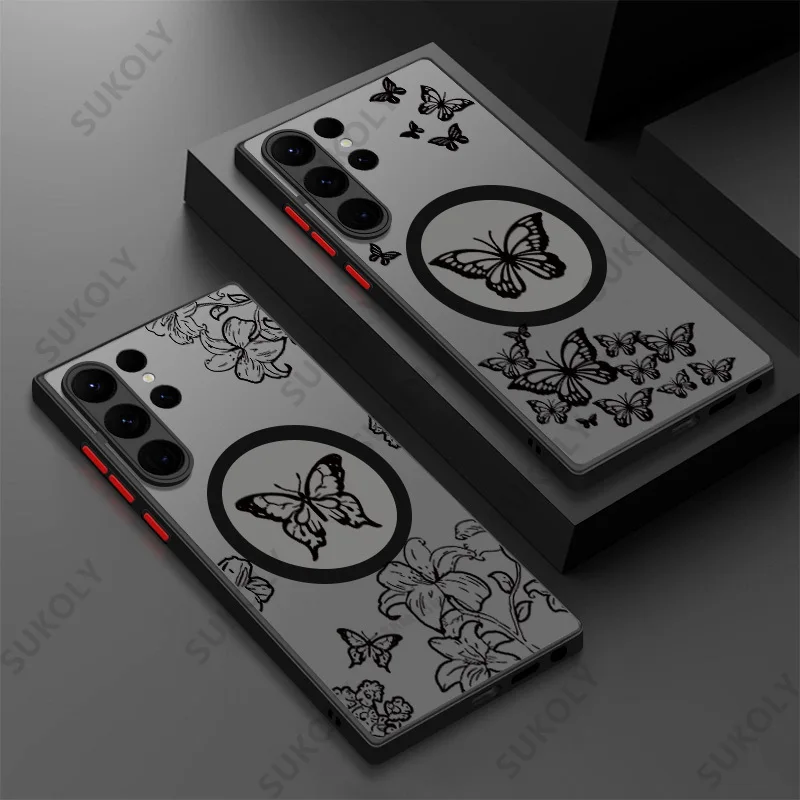 For Samsung S23 Ultra S22 S21 S23 FE S24 Ultra Butterfly Pattern Phone Case For Magsafe Shockproof Soft Edges Hard Acrylic Cover