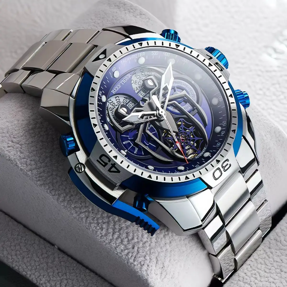 Reef Tiger Men Automatic Watch 46mm Military Mechanical Wristwatch Luminous Sapphire Multi Dial Year Month Week Date Spider Dial