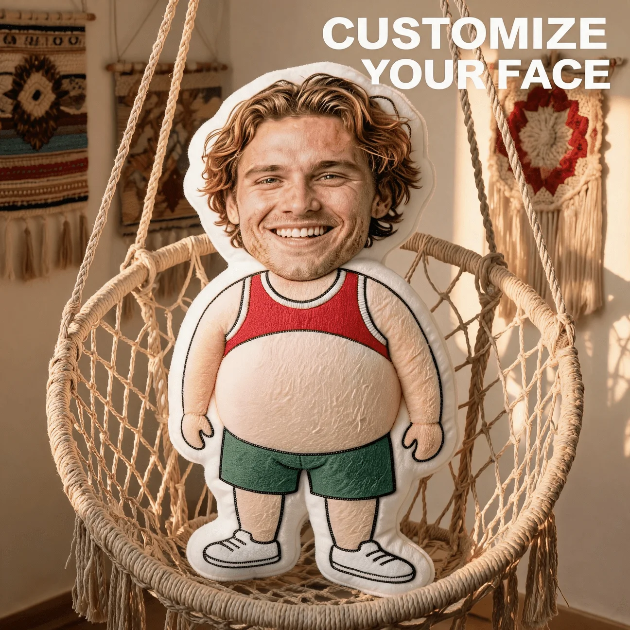 Custom Funny Face-Shaped Pillow, Personalized Photo of Smiling Man in Red Tank Top Custom Body Decorative Cushion, Hilarious Gif