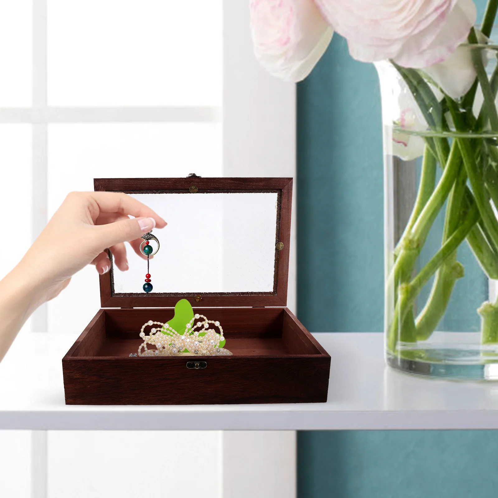 1 قطعة صندوق خشبي عتيق مع غطاء شفاف نافذة التخزين المنظم للمجوهرات الحلي سطح المكتب الكنز الصدر الصغيرة