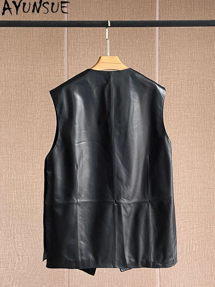 AYUNSUE 100% 정품 양피 조끼 자켓 여성 v 넥 느슨한 민소매 가죽 자켓 여성 의류 2025 가을 Abrigo Mujer