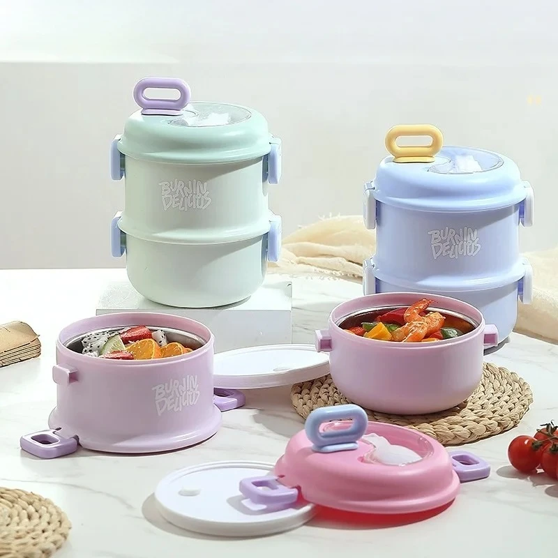 JUSTINLAU Portable Office Staff Breakfast Congee Food Lunch Box Container Stainless Steel Double Insulated Lunch Box with Spoon