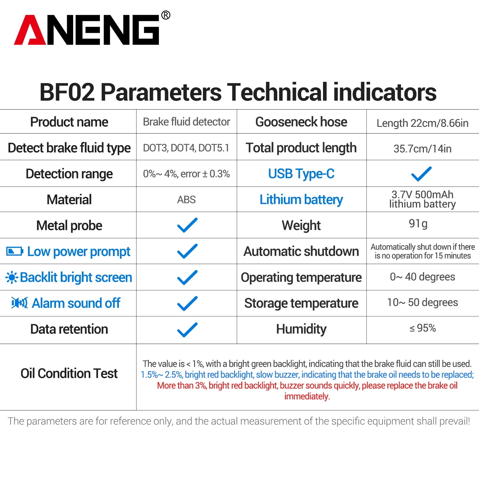 ANENG BF02 Household Automotive Repair Brake Oil Tester with Moisture Content Sound and Light Alarm Car Maintenance Testing Tool