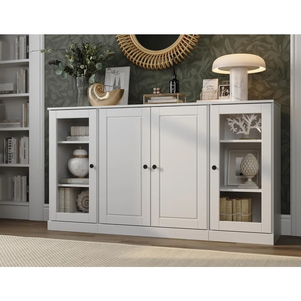 

100% Solid Wood 65-inch Side Panels with Glass Doors, White, 65 X 35.75 X 15.5 Inches
