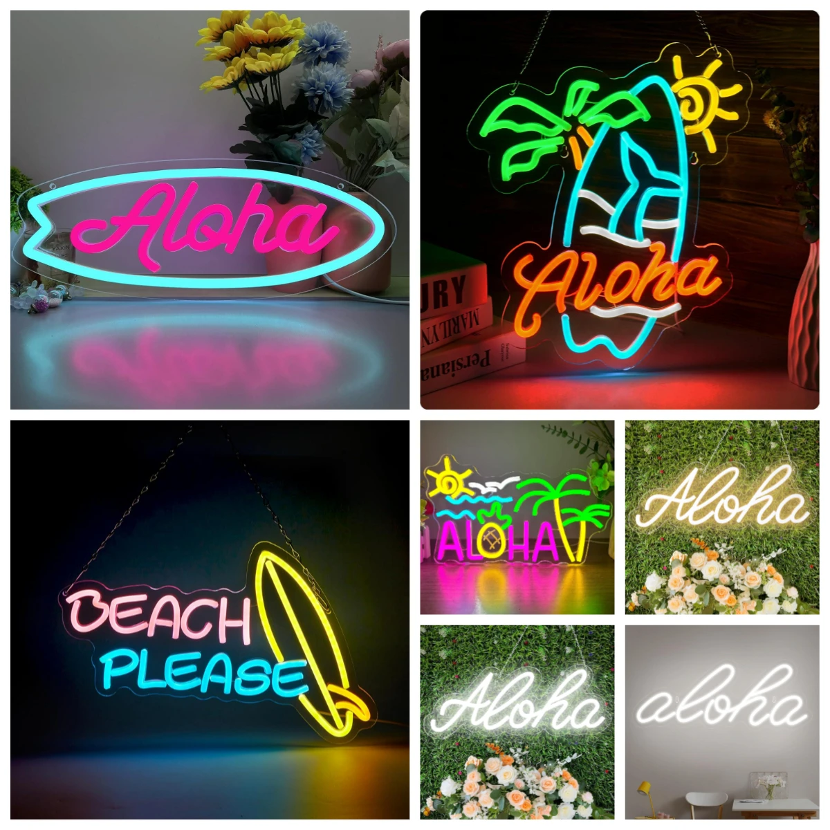 Aloha Surfboard Neon Sign Tropical Hawaiian USB Dimmable LED Neon Light for Beach House Bedroom Bar Party Decor Gift for Surfers