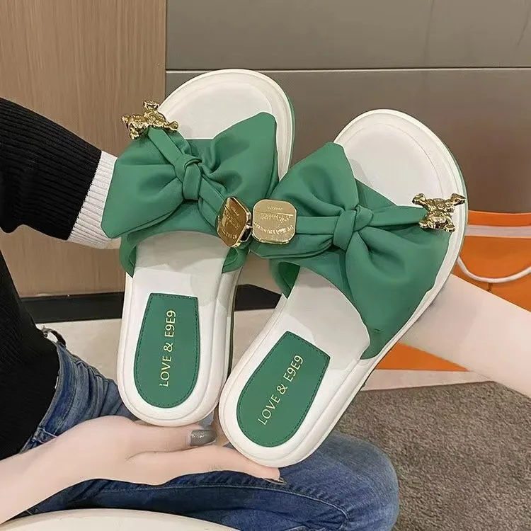 Fashion Flat Heels Butterfly Metal Decor Slippers Women Flip Flop Green Sandals New Summer Slides Chanclas Mujer  Ladies Shoes