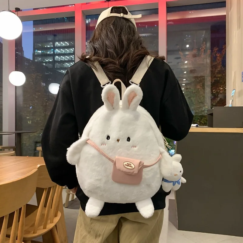 2024 New Cartoon Plush Rabbit Backpack Girl Cute Large Capacity Soft Bag Leisure Plush Book Bag Solid Color Crossbody Bag