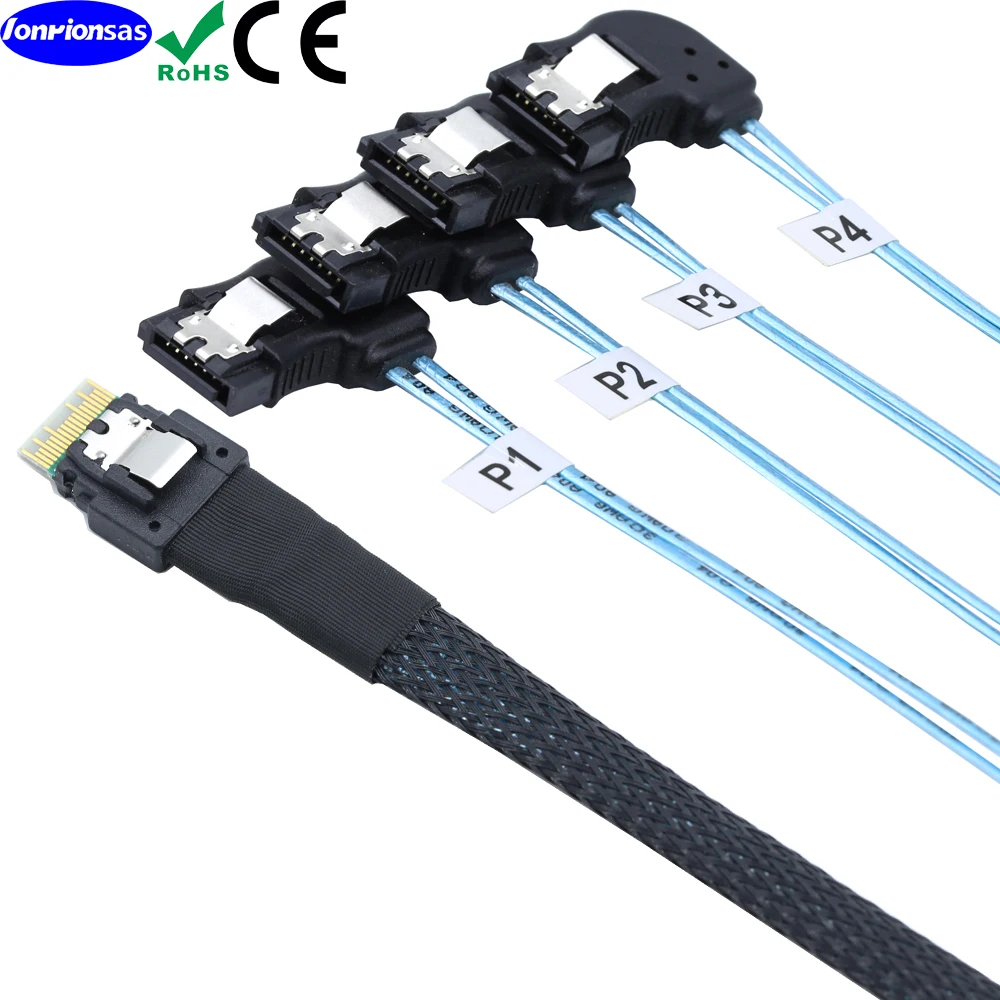 PCI-E Ultraport Slimline SAS 4.0 38pin SFF-8654 4i ke 4X SATA 7P kabel sudut kiri wanita