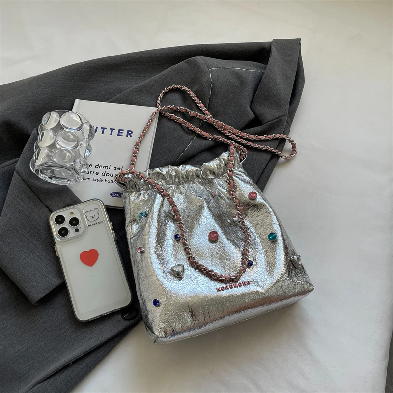 2023 Luxury Designer Bag Diamonds Design Silver PU Leather Crossbody Bags for Women Korean Fashion Chain Shoulder Bag Handbags