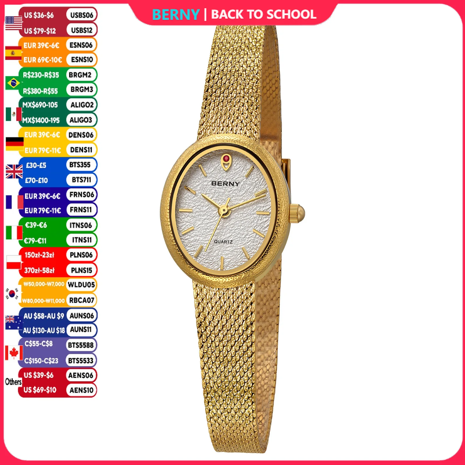 BERNY Damenuhren, modisch, luxuriös, goldene Quarz-Armbanduhr für Damen, komplett aus Edelstahl, ovales Gehäuse, lässige Kleid-Armbanduhr