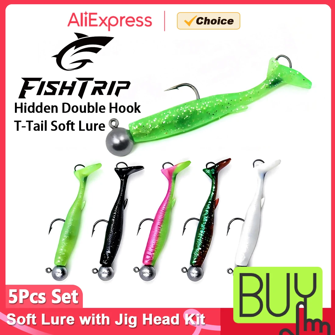 FishTrip 5PCS Set 3D Bionic T-Tail Soft Lure, Hidden Double Hooks for Freshwater Saltwater Fishing