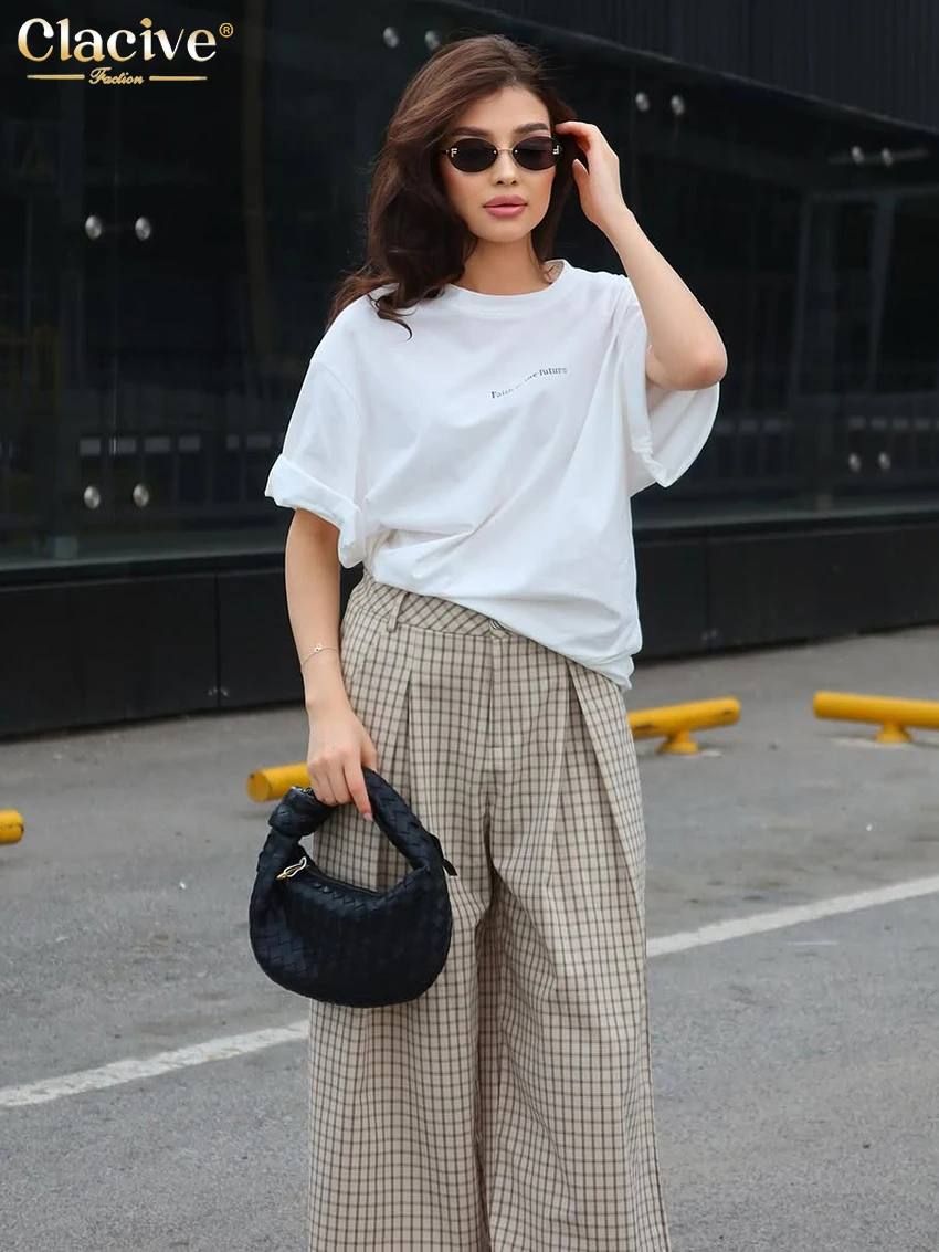 Clacive Fashion Loose Plaid Print Women's Pants 2025 Casual High Waist Wide Trousers Elegant Classic Pants Female Clothing
