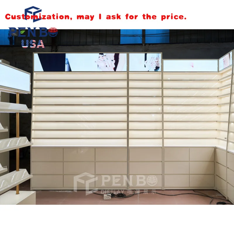 

Элегантный парфюмерный магазин, настенная витрина для салона красоты, светодиодное освещение, роскошная мебель для салона, парфюмерия, салон красоты, хранение C