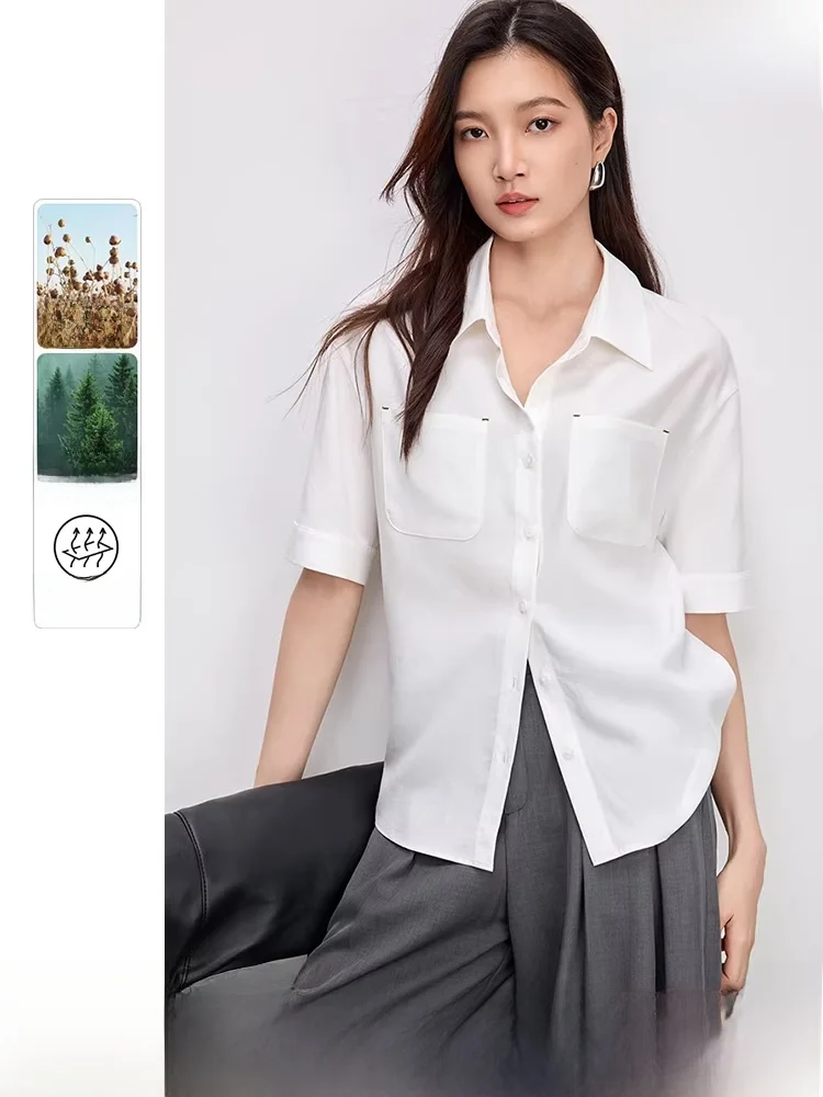

Casual Summer Shirt Double Pocket Design Linen Blend Loose Fit Short Sleeve Women's Fashion Pure Color Stand Collar Drop Shou...