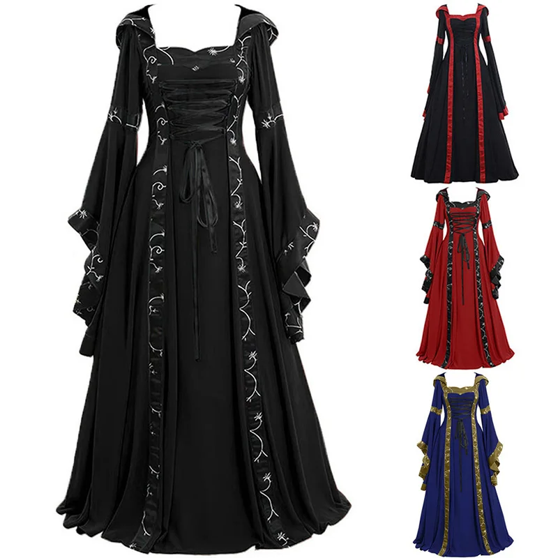 Women Vintage Medieval Pagan Wedding Hooded Dress Romantic Fantasy Gown long sleevebandage Renaissance Dress Cosplay Retro Witch