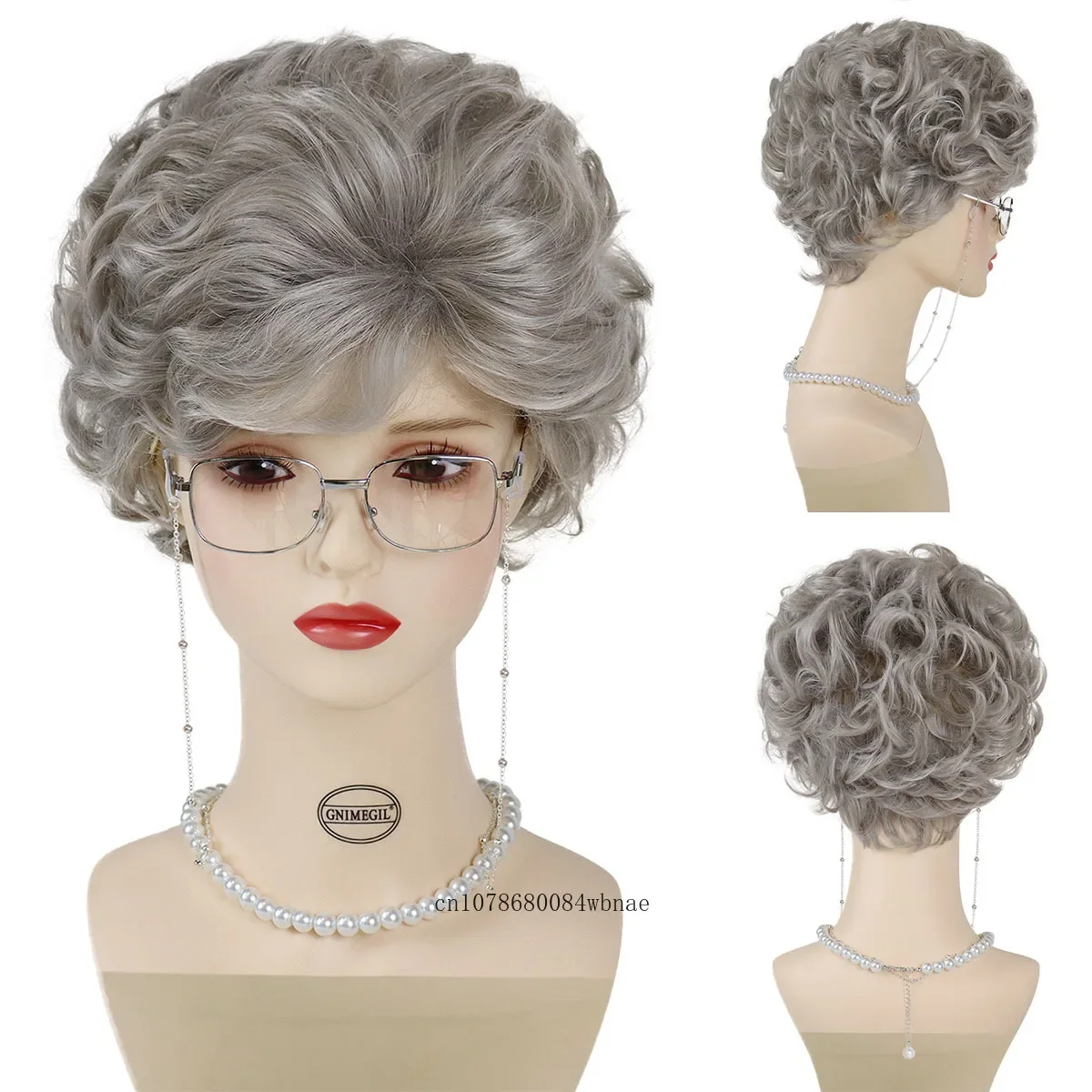 

Synthetic Grey Old Lady Wig Granny Glasses Pearl Necklace 3 Pcs/Set Kid Grandma Cosplay Wigs Christmas School Thanksgiving Day