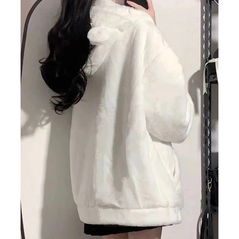 Gidyq Women Korean Rabbit Fur Coats Fashion Elegant Female Plush Hooded Jacket Winter Thick Warm Student Cute Loose Overcoat New