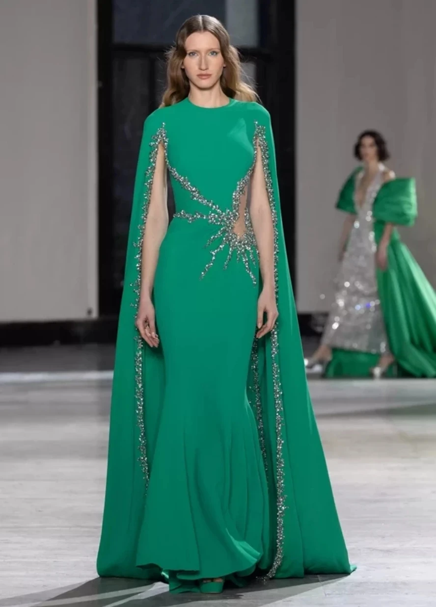 Jirocum Meerjungfrau-Abschlussballkleid für Damen, O-Ausschnitt, Perlen, Party-Abendkleid, Laufsteg, schwimmende Ärmel, bodenlang, formelle Anlässe