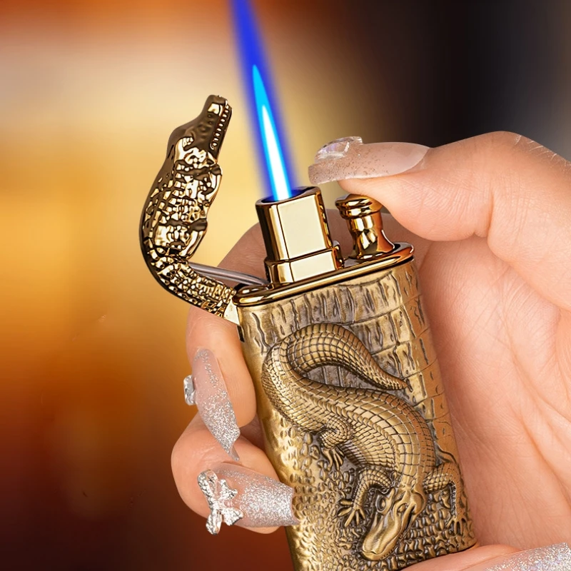 Metal 3D Embossed Crocodile Double Fire Butane Gas Lighter Creative Windproof Direct Flame Open Flame Smoking Accessories Gadget