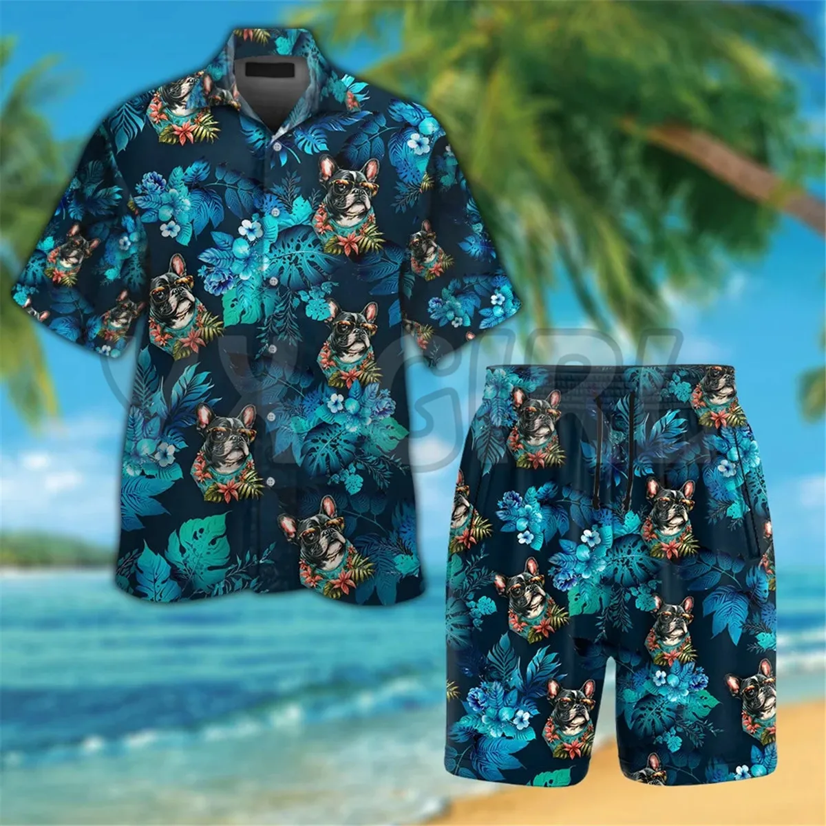 

French Bulldog Wearing Sunglass Funny Hawaiian Shirt 3D Printed Hawaiian Shirt+Beach Shorts Summer Tops