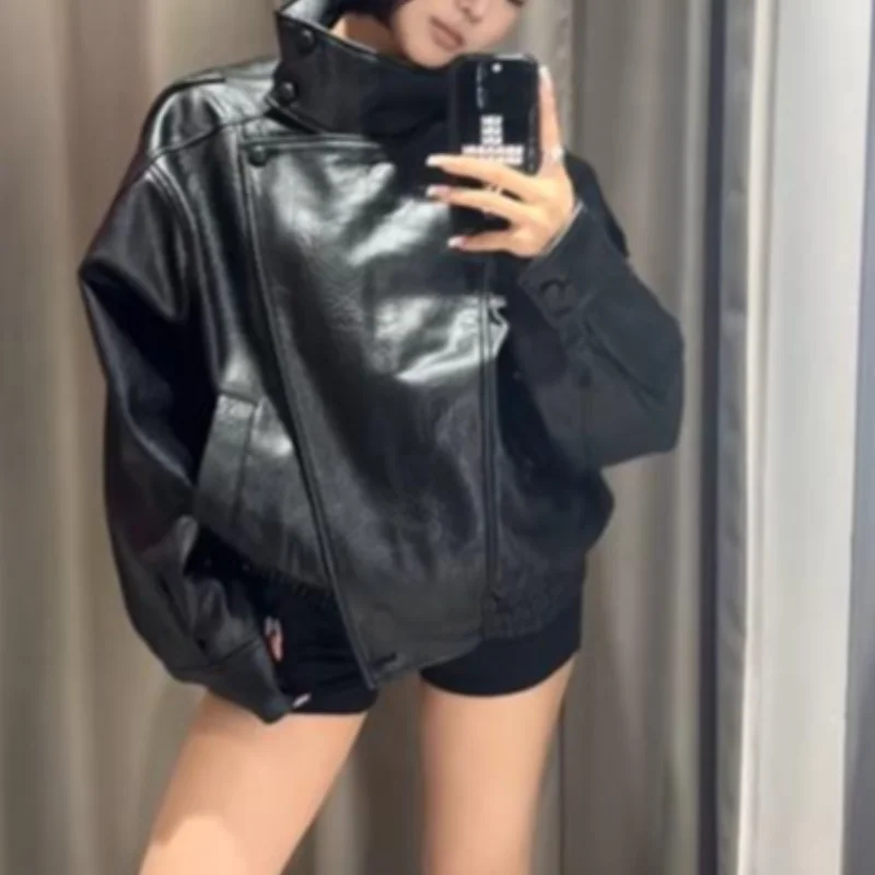  Retro PU Leather Jacket Women Cool Stand Collar Long Sleeve Zipper Pockets Chic Coat 2025 Autumn High Street Women's Clothes
