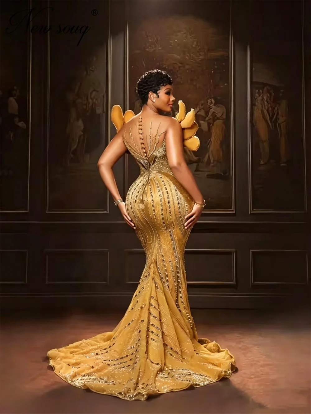 

African Gold Mermaid Evening Dresses Beading Leaves Shoulder Prom Dress Black Girls Crystals Engagement Gowns Customized Party