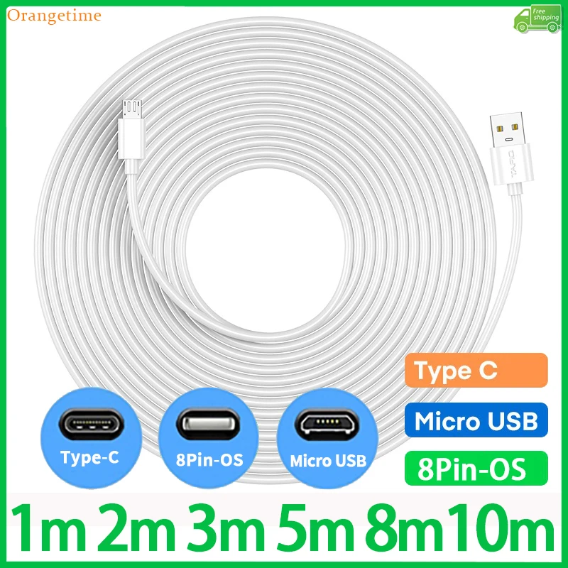 【Fast Ship】1M 2M 3M 5M 8M 10M Long USB Charging Data Cable Compatible for Micro Usb/iPhone/Type C Phone Charger Cord Camera Cctv