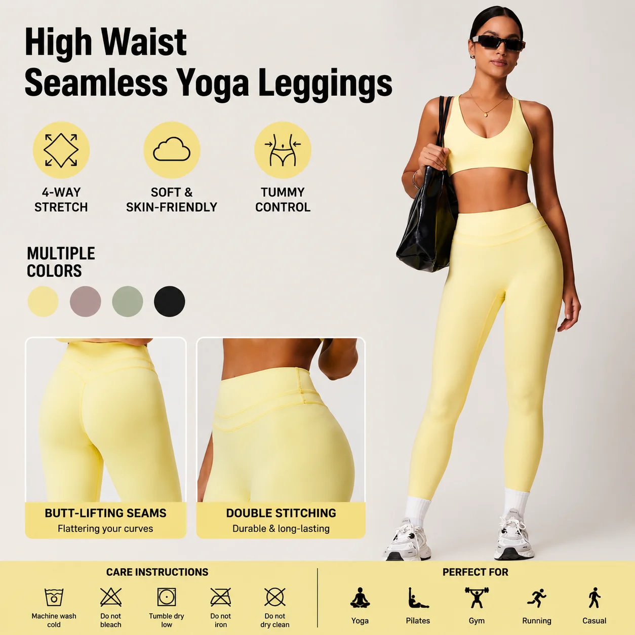 Women's High Waist Seamless Yoga Leggings - Butt Lifting Gym Pants with Double Stitching, Multiple Colors, S-XL