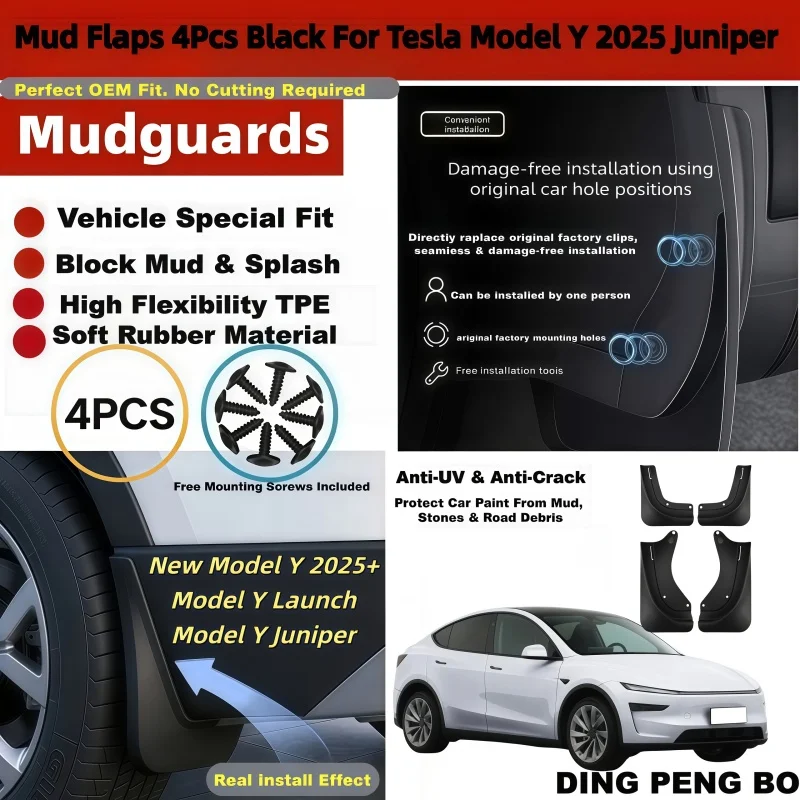 TPE Mud Flaps Mudguards For Tesla Model Y 2025 Juniper Launch New Model Y Black 4Pcs Car Splash Guards Auto Accessories