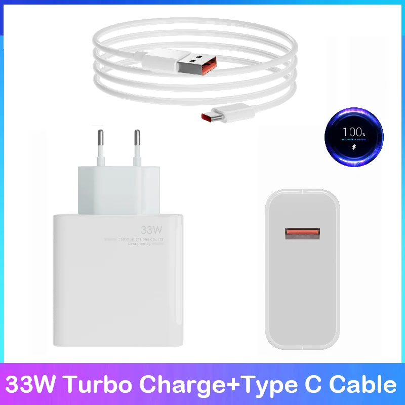 For Xiaomi Fast Charger 33W Turbo Charge EU QC 4.0 Adapter 3A Usb Type C Cable For Redmi Note 8 9 9s Pro