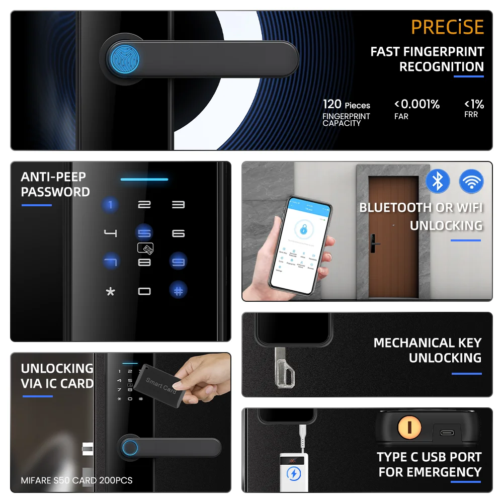 Security Digit Electric Electronic Handle Digital   Ttlock Cerraduras Inteligentes Con Wifi Keys Fingerprint Door Smart Locks