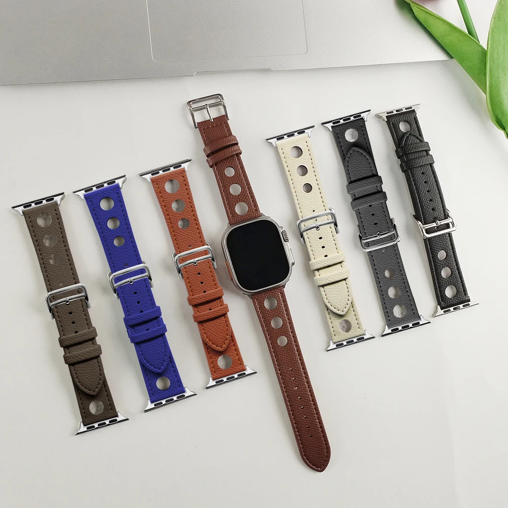 PU Leather Hole Strap for Apple Watch Band 49mm 45 46 41 40 38 42mm Breathable Watchband for iWatch 12/11/10/9/8/7/6/5/SE/Ultra