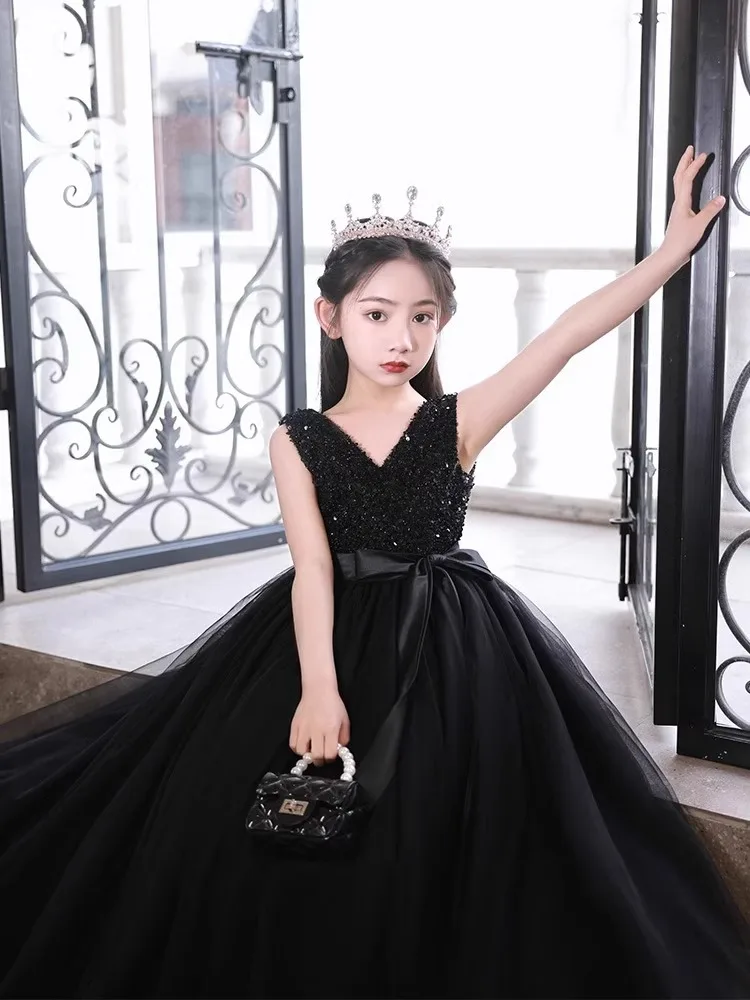 Customized Black V Neck Baby Flower Girl Dresses Sequins Tulle Children Wedding Birthday Prom Party Gowns