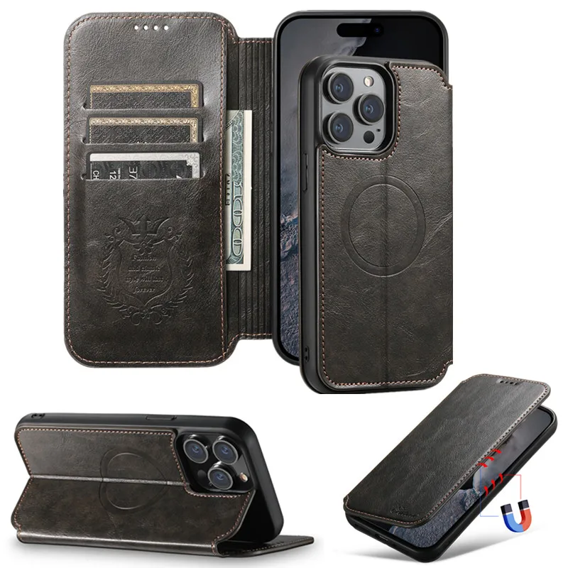 

Роскошный кожаный чехол-книжка с защитой от кражи для iPhone 15, 14, 13, 12 Pro max, беспроводной магнитный чехол-книжка с откидной крышкой для телефона