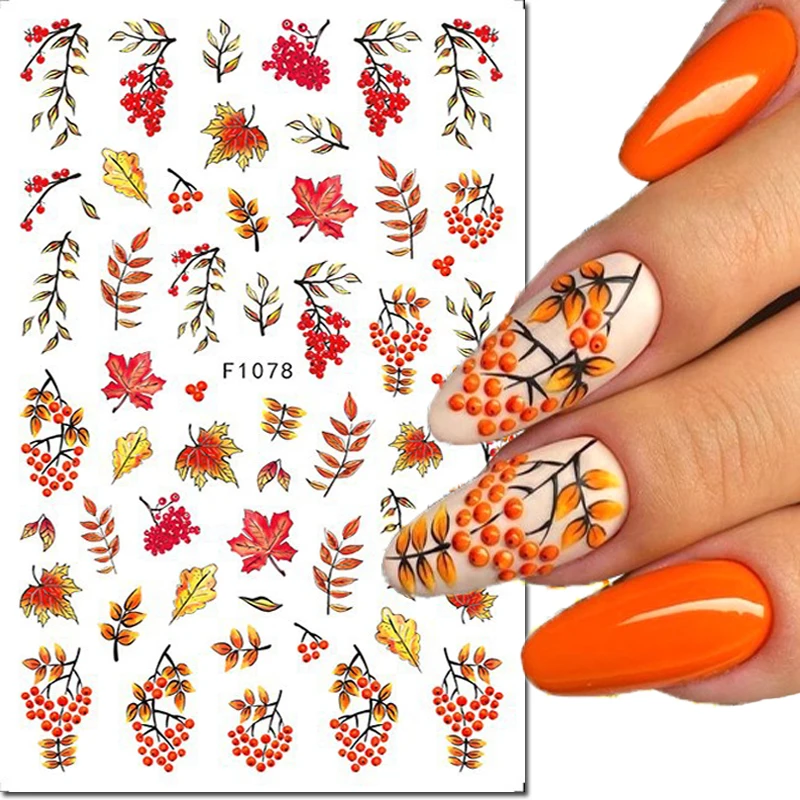 Autocollants 3D Nail Art pour décorations de manucure, curseurs adhésifs, décalcomanies, Aliments d'automne, châtaigne, salle plus lente, feuilles d'érable, N64.Tips