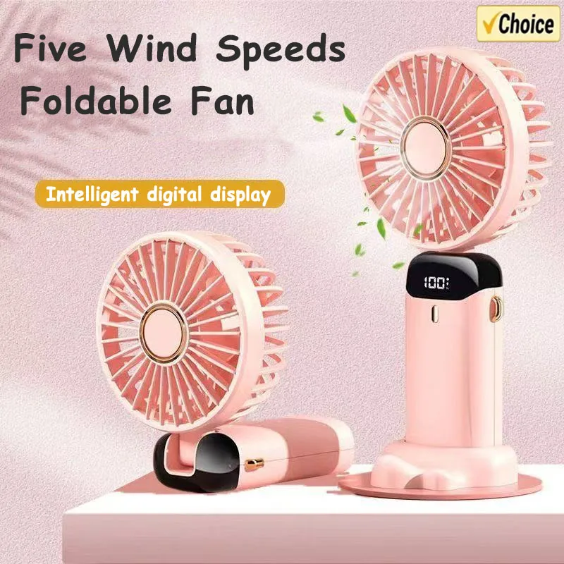 Handheld Mini Fan Foldable Portable Neck Hanging Fans 5 Speed USB Rechargeable Fan with Phone Stand and Display Screen