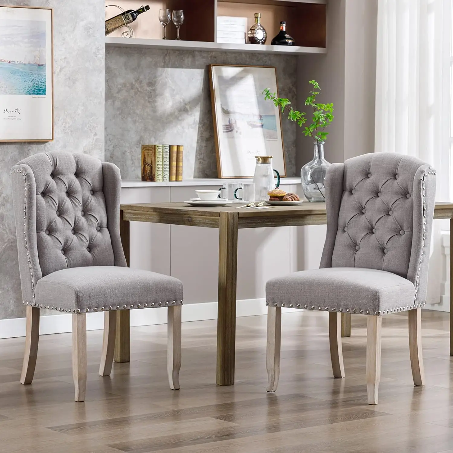 طقم كراسي طعام معنقدة حديثة مكونة من 2، كراسي غرفة طعام منجدة من الكتان، كرسي جانبي للضيوف بدون ذراع لغرفة طعام المطبخ، واي فاي