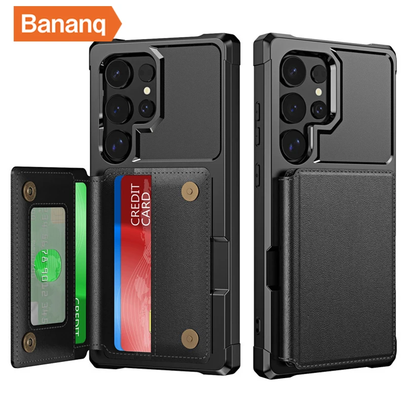 

Bananq Flip Cards Slot Holder Wallet Phone Case For Samsung S24 Ultra Kickstand Shockproof PU Leather Cover For Galaxy S24 Plus