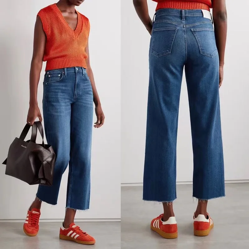 

2025 New High Waist Women frayed edges Jeans Casual Straight loose Pants Fashion Lady Ankle-length Denim Pants Female elastic