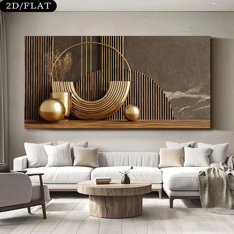 2D Flat,Frameless Abstract Gold-gray Canvas Wall Art,Gold Vertical Stripes and Golden Circle Poster,Bedroom Simple Neutral Decor