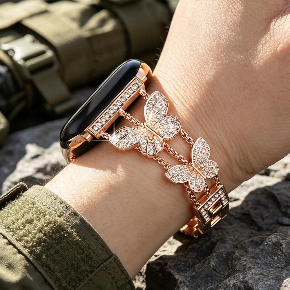 Butterfly Metal Band for Apple Watch Ultra 4/3 49mm IWatch Series 12 11 10 9 8 SE 7 6 5 4 Breathable Fashion Rhinestone Strap