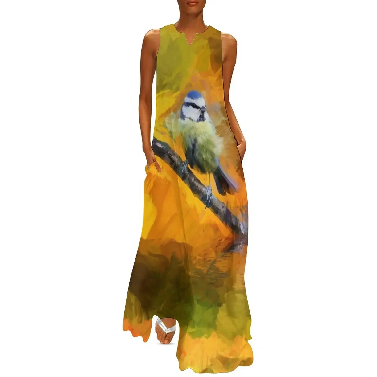 

Bluetit in the fall painitng Long Dress summer dress Woman clothing summer dress womens 2025