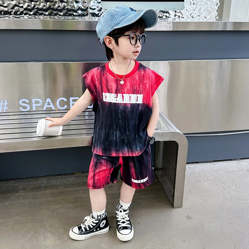 

Легкий комплект жилета с принтом тай-дай для мальчиков, летняя модная одежда без насадок, двухсекционная повседневная спортивная одежда для маленьких мальчиков